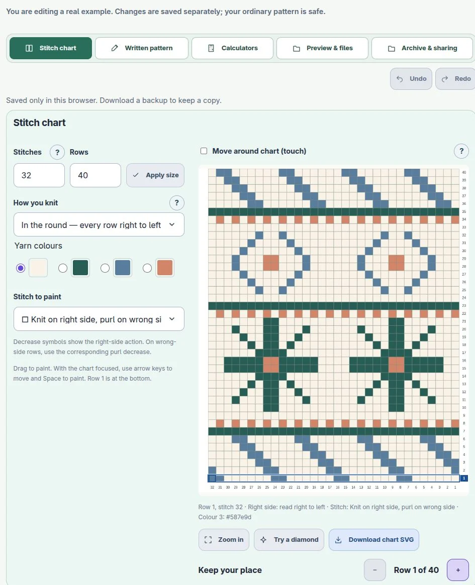 The actual stitch-chart editor with the Nordic sample, colour palette and pattern tabs.