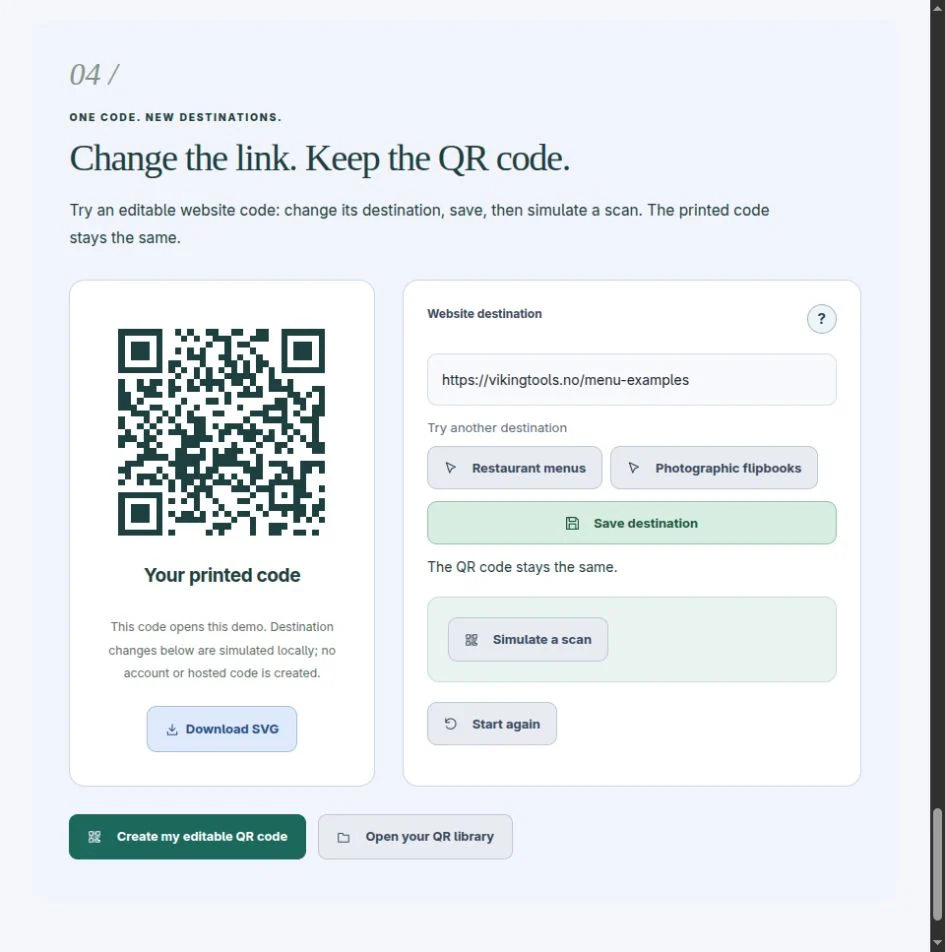 The interactive QR example: save a new destination and test it while the printed code stays unchanged.