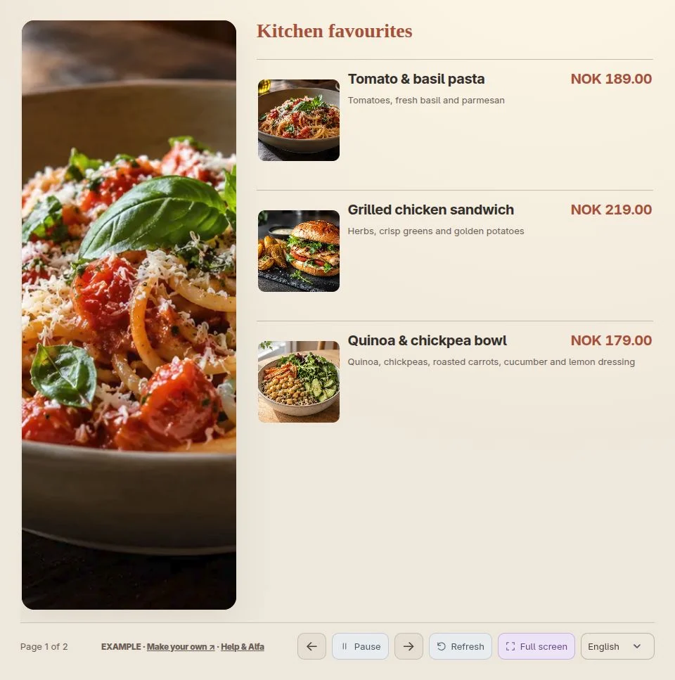 The actual restaurant display: dish photos, descriptions and prices in an editorial layout.